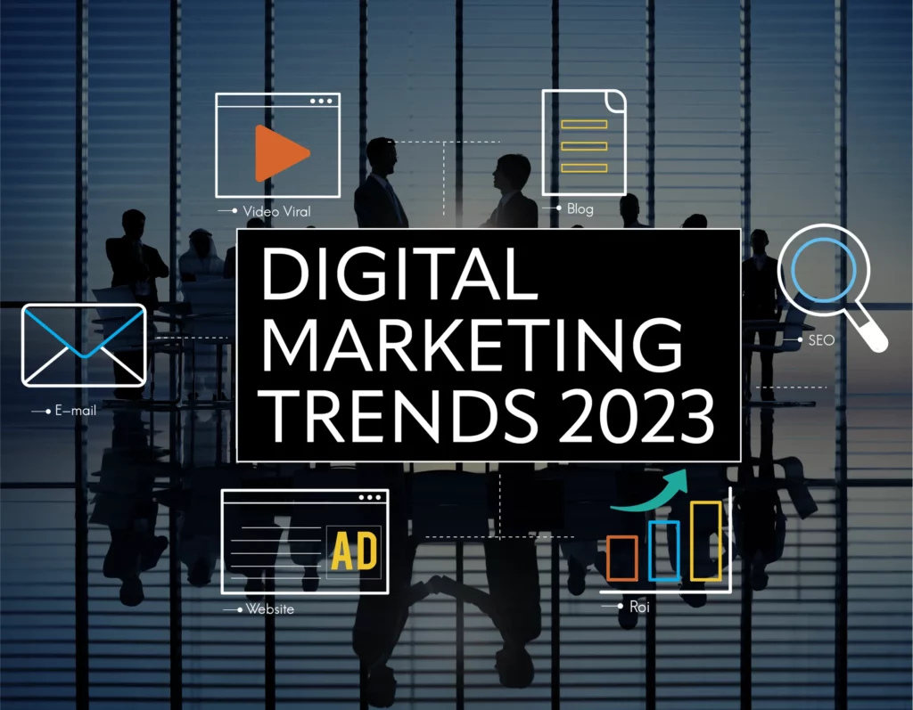 Imagen que representa las tendencias del marketing digital para 2023. La imagen incluye íconos y visuales que simbolizan conceptos emergentes como la búsqueda por voz, el contenido de video, la personalización, el marketing de influencers y la experiencia del usuario (UX) con velocidad en su núcleo.