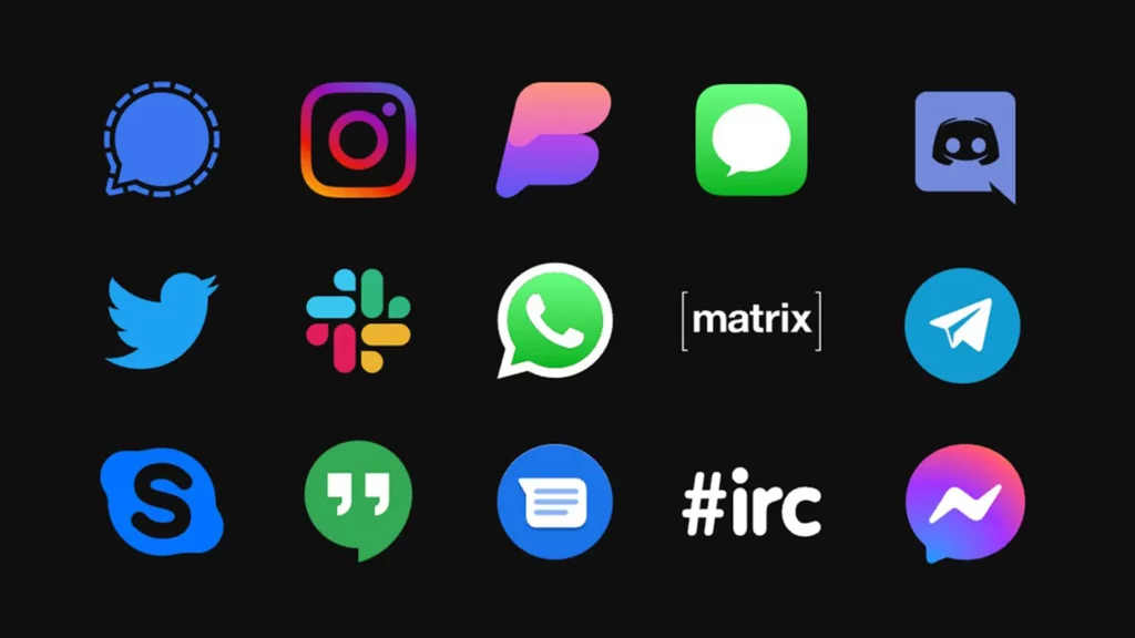 A collage of various messaging app logos, including WhatsApp, Facebook Messenger, and WeChat.